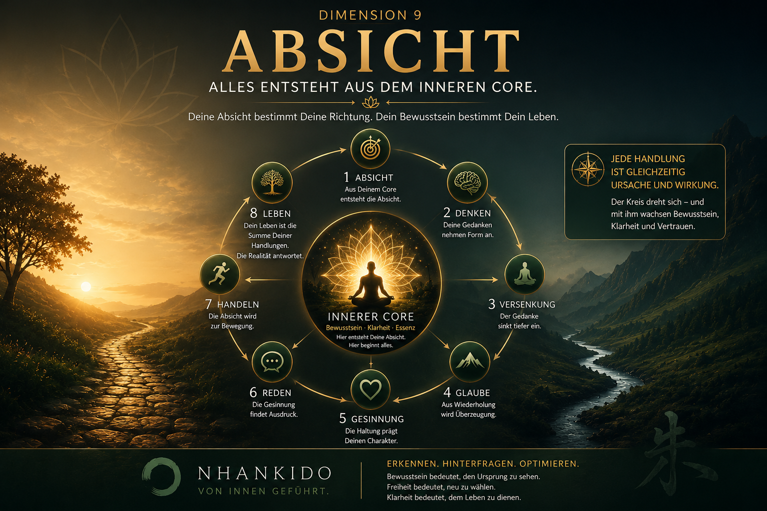 Dimension 9 – Absicht und Herzensfeuer: Kreislauf von Absicht, Denken, Versenkung, Glaube, Gesinnung, Reden, Handeln und Leben
