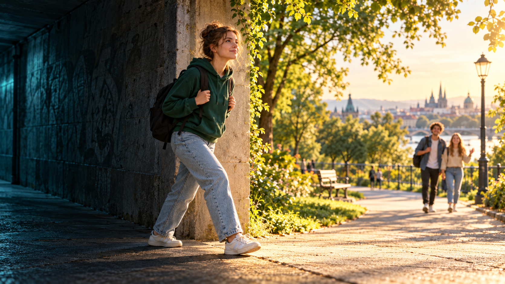 Junge Frau im grünen Hoodie tritt aus einem dunklen Durchgang in einen sonnigen Park, wo zwei junge Menschen auf sie warten.