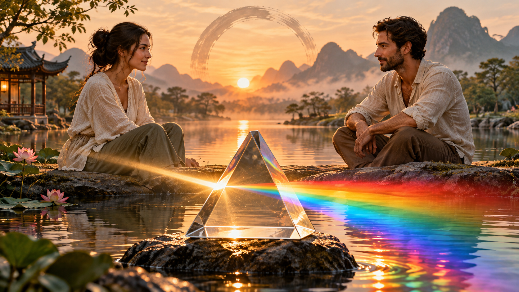 Zwei Menschen begegnen sich am Wasser; ein Glasprisma zwischen ihnen bricht goldenes Licht in Regenbogenfarben.