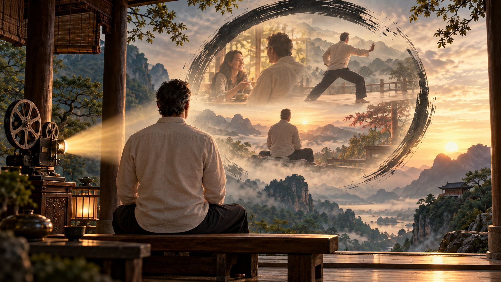 Mann betrachtet eine Filmprojektion mit Szenen aus Gespräch, Bewegung und Meditation, umrahmt von einem Enso.